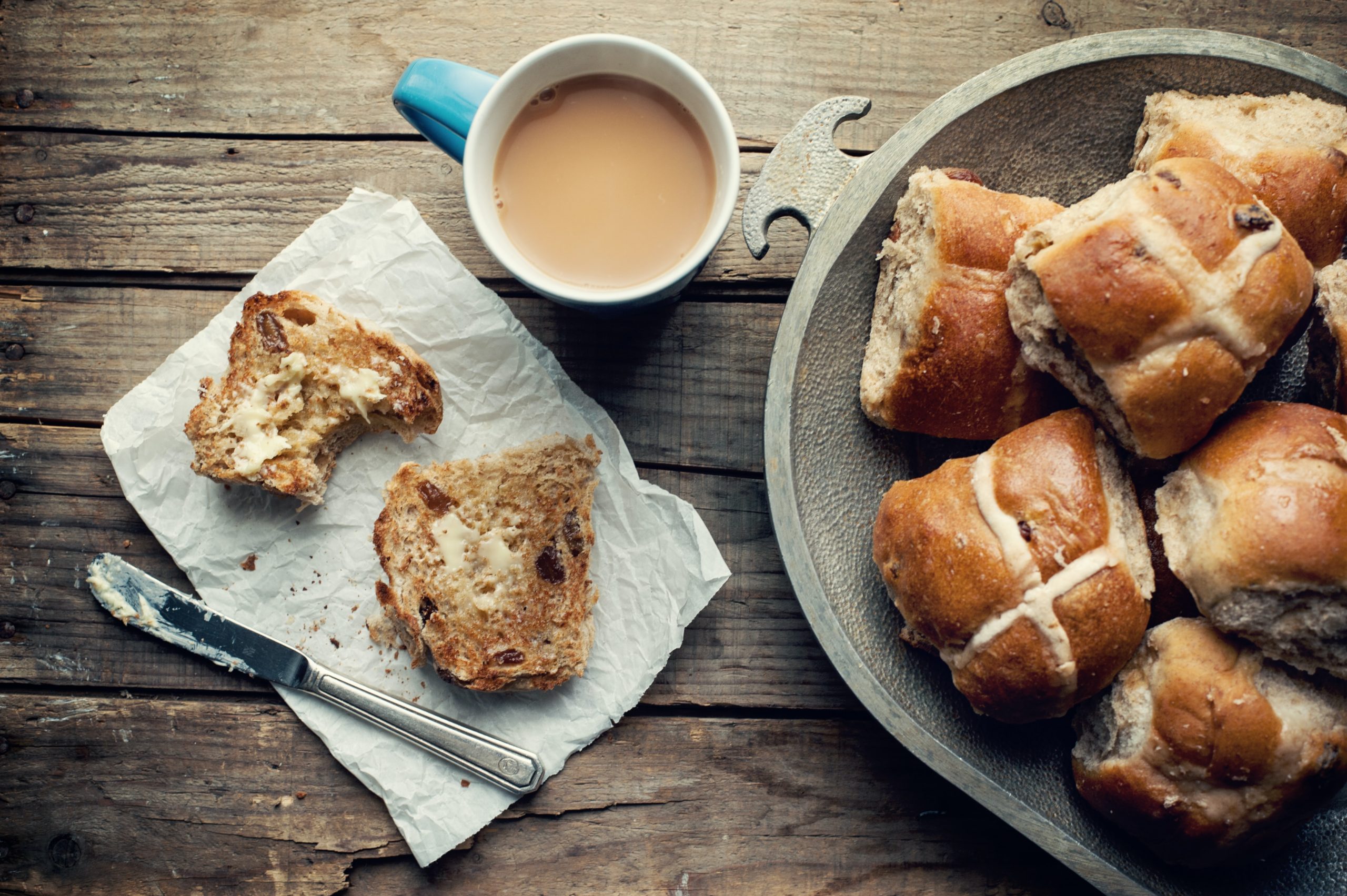 Aerial view of hot cross buns, an Easter traditional popular in the UK