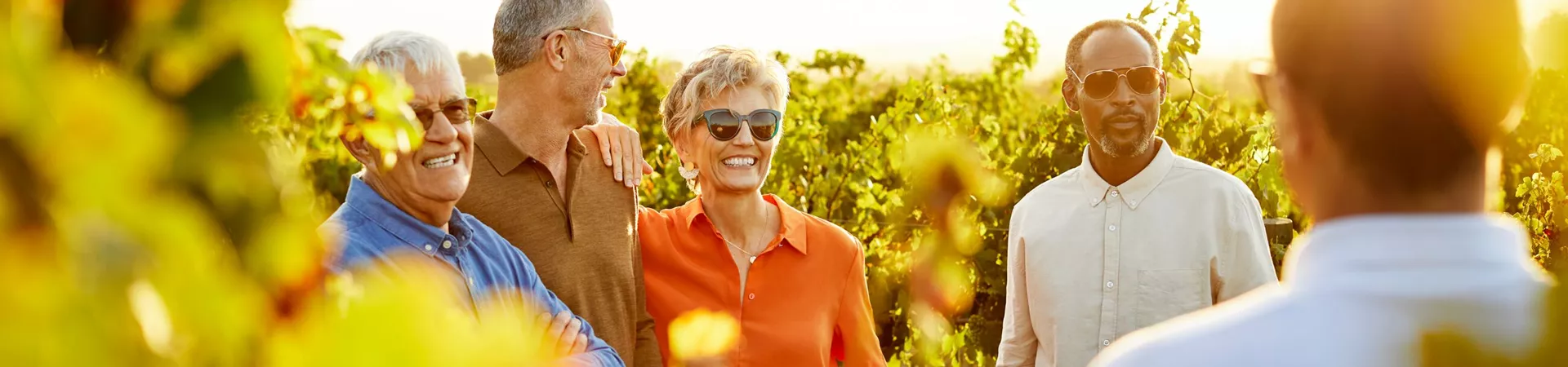 Smiling Friends Talking To Man In Vineyard