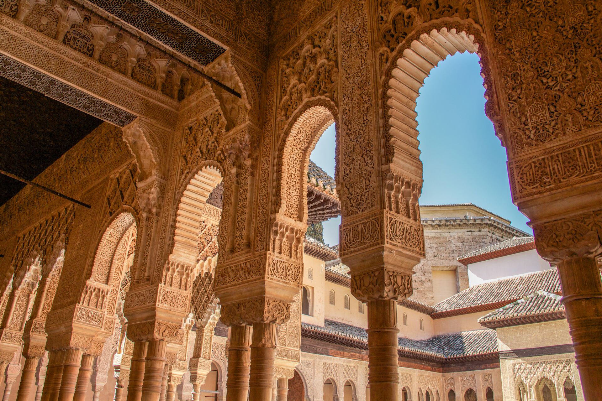 Alhambra columns around the Court of Lions in Grenada, Spain