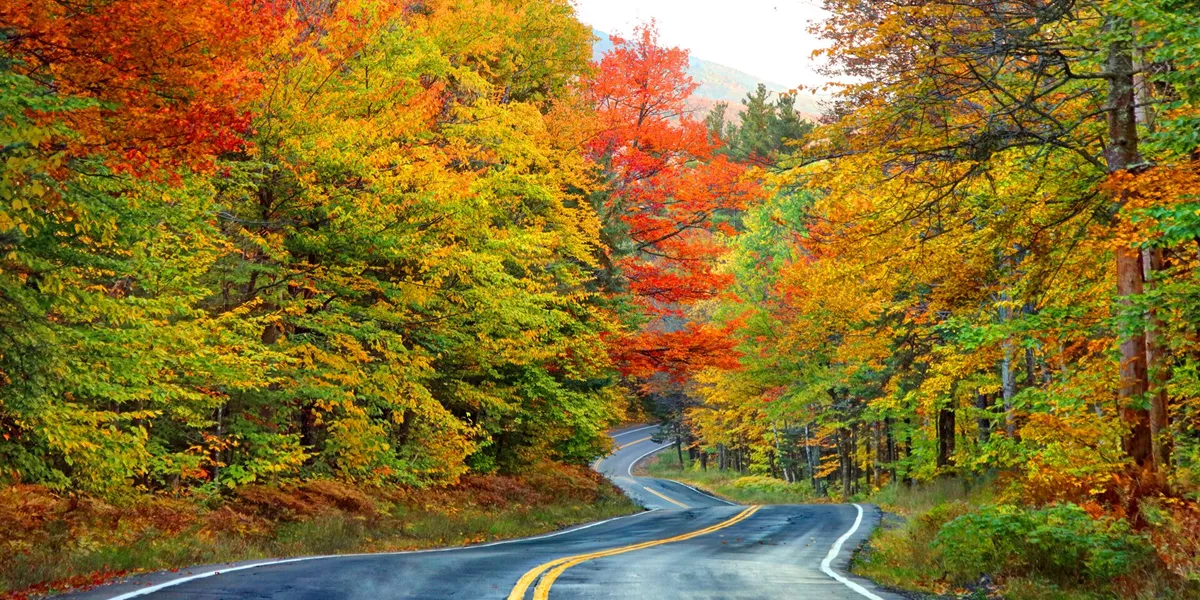 Scenic autumn road in the White Mountains of New Hampshire, USA