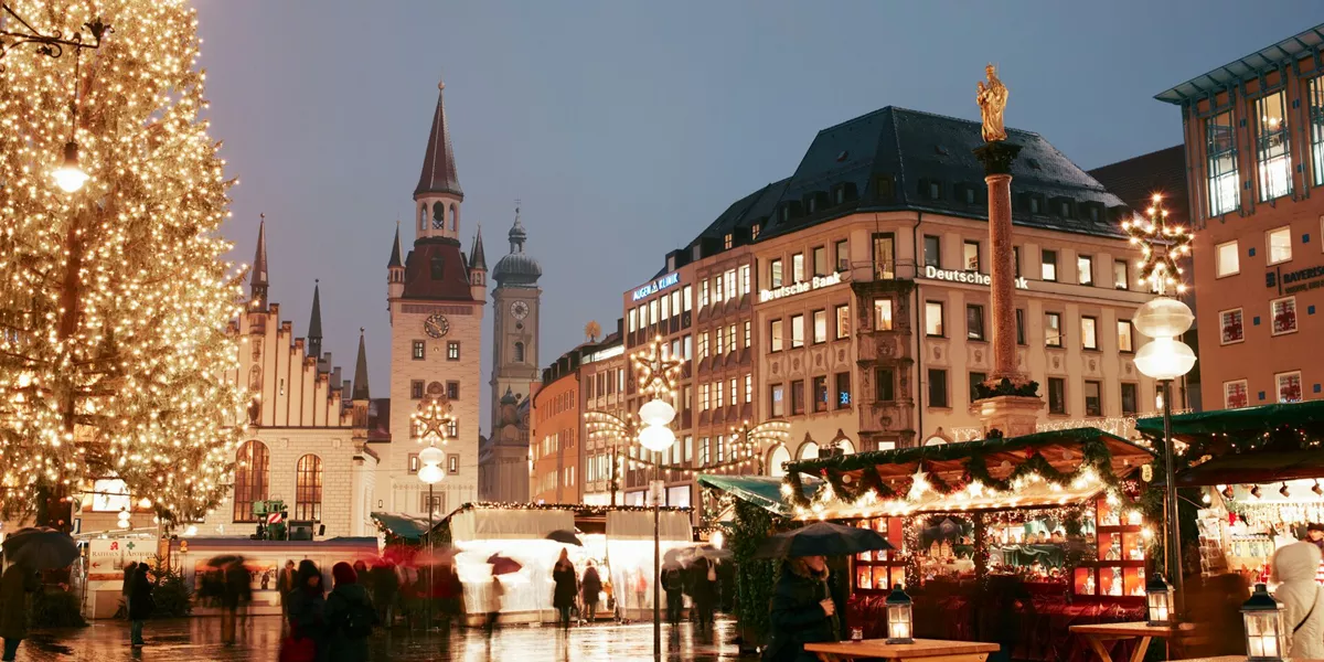 Marienplatz lit up by the Christmas Market in Munich, Germany
