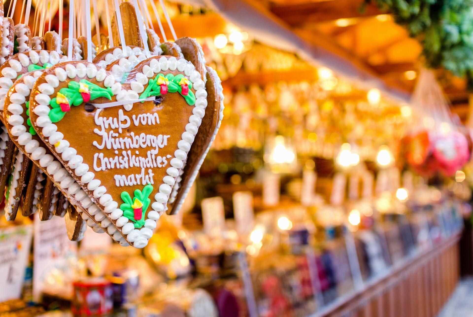 Close up view of a Christmas Market Stall and Gingerbread Heart