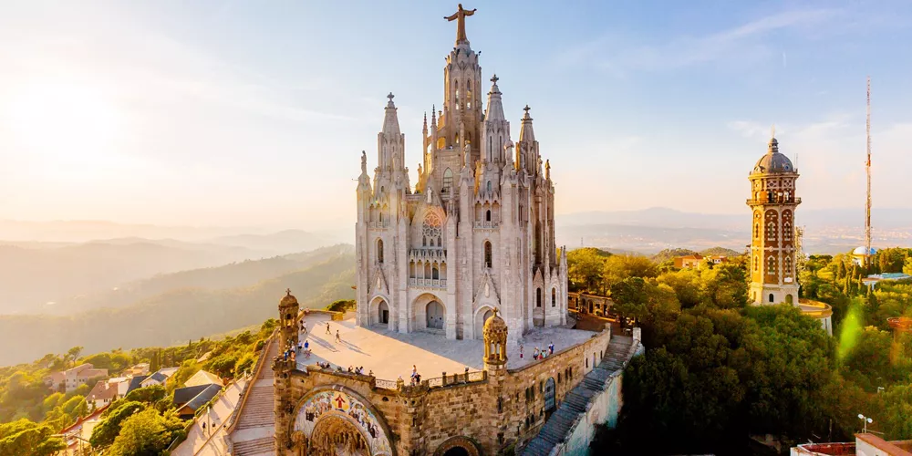 Large Aerial View Of Barcelona Skyline With Sagrat Cor Temple Catalonia Spain 1143273440