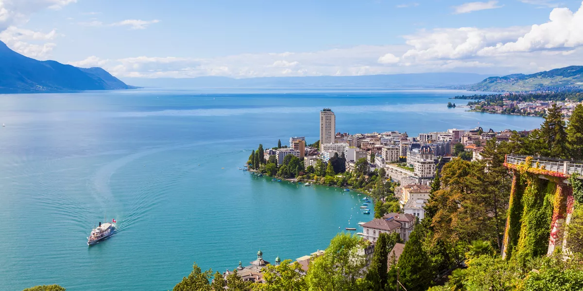 Switzerland, Lake Geneva, Montreux, Cityscape With Paddlesteamer 553201543