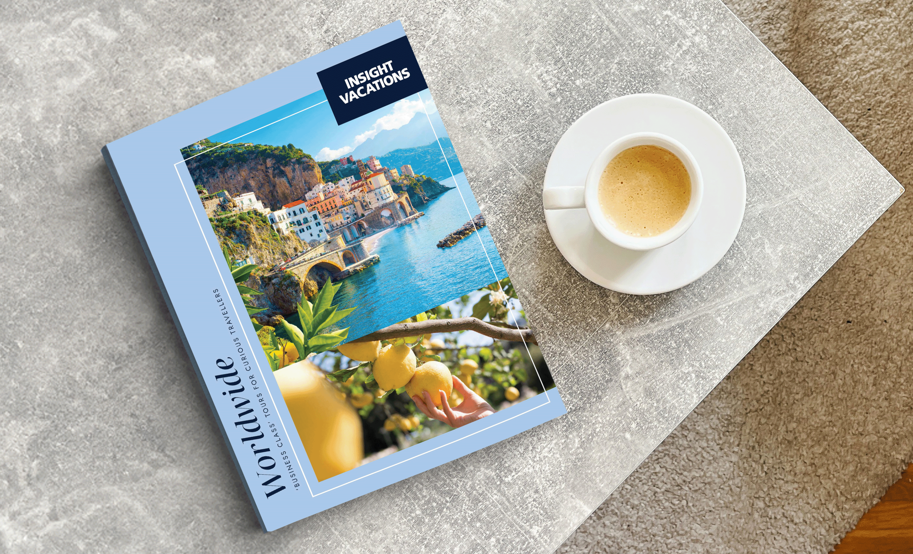 Insight Vacations brochure on table next to a cup of coffee
