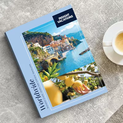 Insight Vacations brochure on table next to a cup of coffee