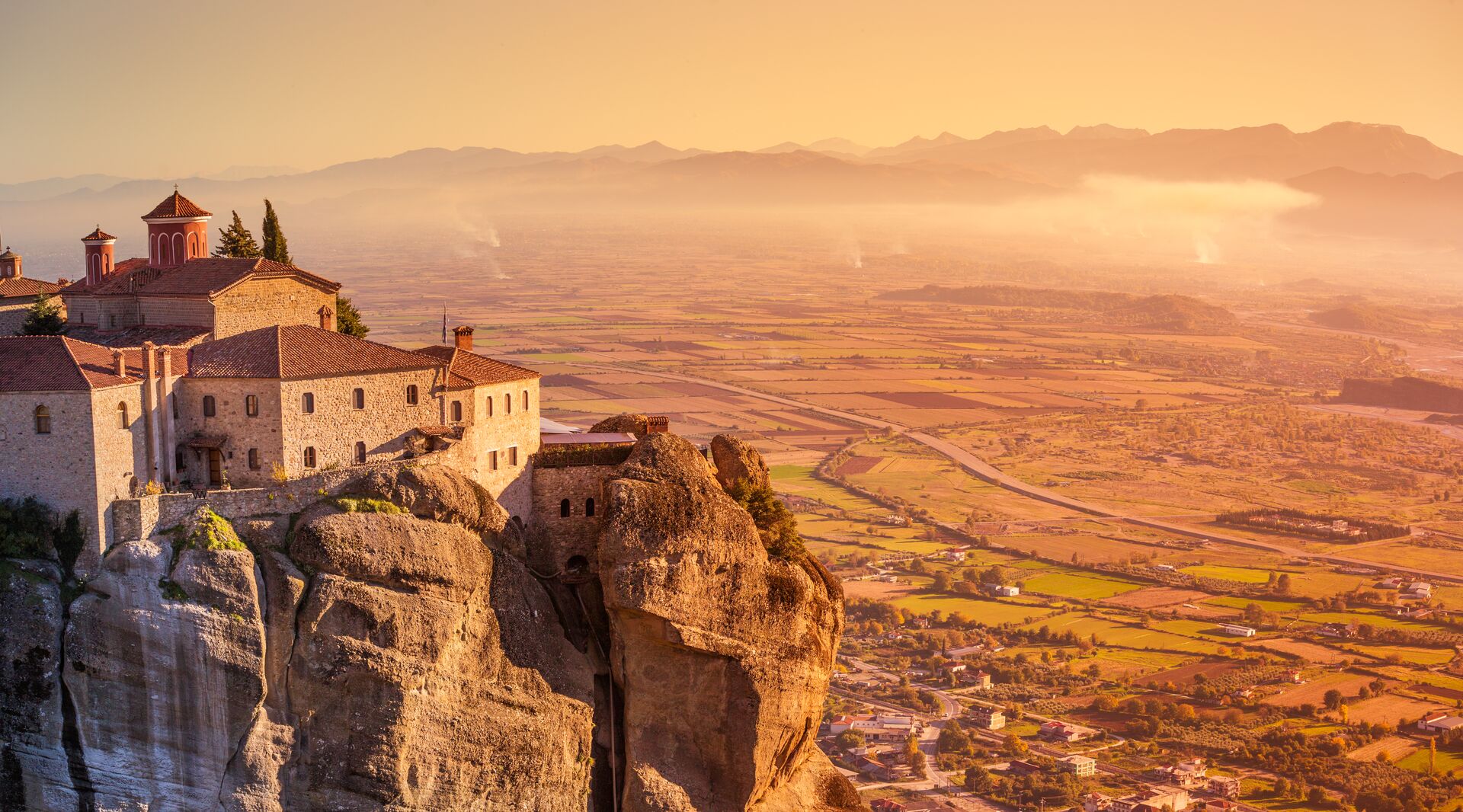Kalambaka monastery at dusk in Meteora, Greece