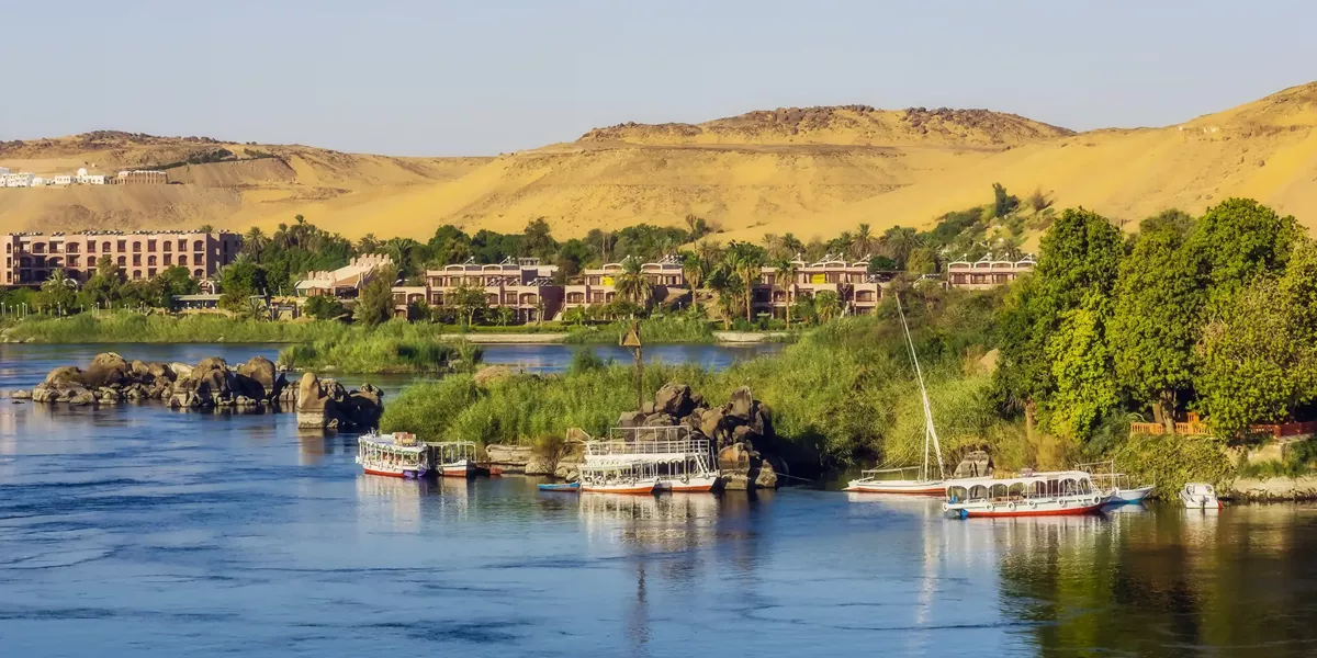 Scenic view of small cruise boats along The Nile in Egypt