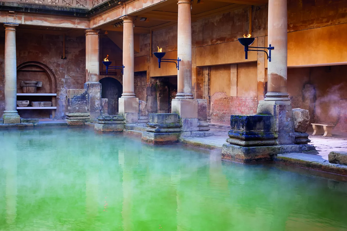 Steam rising off the Roman Baths in Bath, England