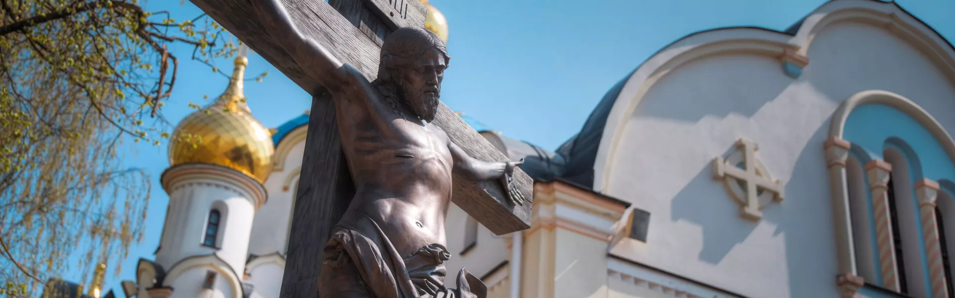 Up shot of the crucifix in front of St Elisabeth Monastery in Belarus