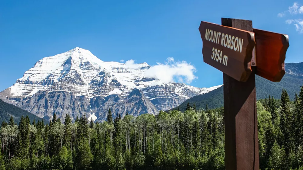 ith a wooden sign to the top in early spring season daytime, Mount Robson Provincial Park, British Columbia, Canada