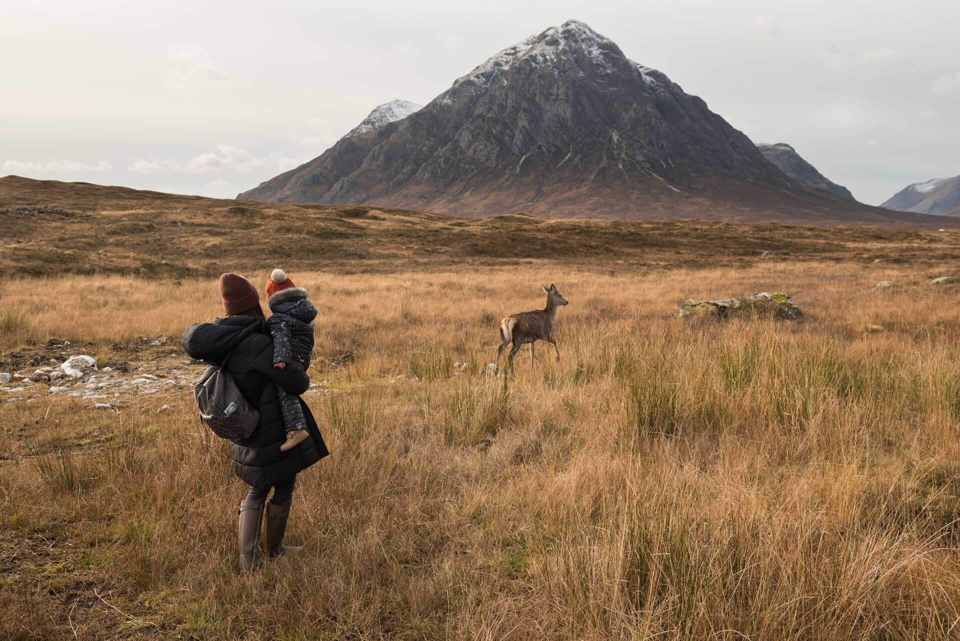 Mother and daughter watch a deer in the Scottish Highlands