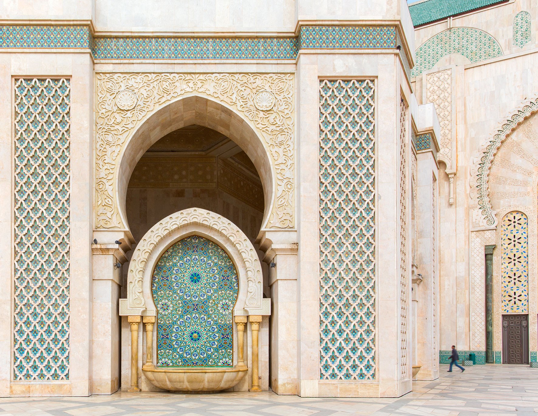 The courtyard of Mosque Hassan II in Casablanca at sunset, Morocco