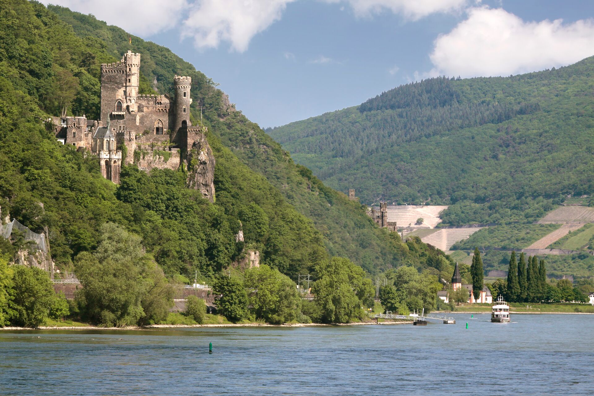 Castle Reichenstein overling the Rhine River in the Middle Rhine Valley in Germany