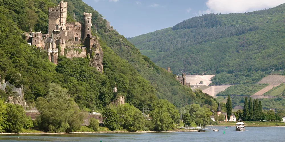 Castle Reichenstein overling the Rhine River in the Middle Rhine Valley in Germany