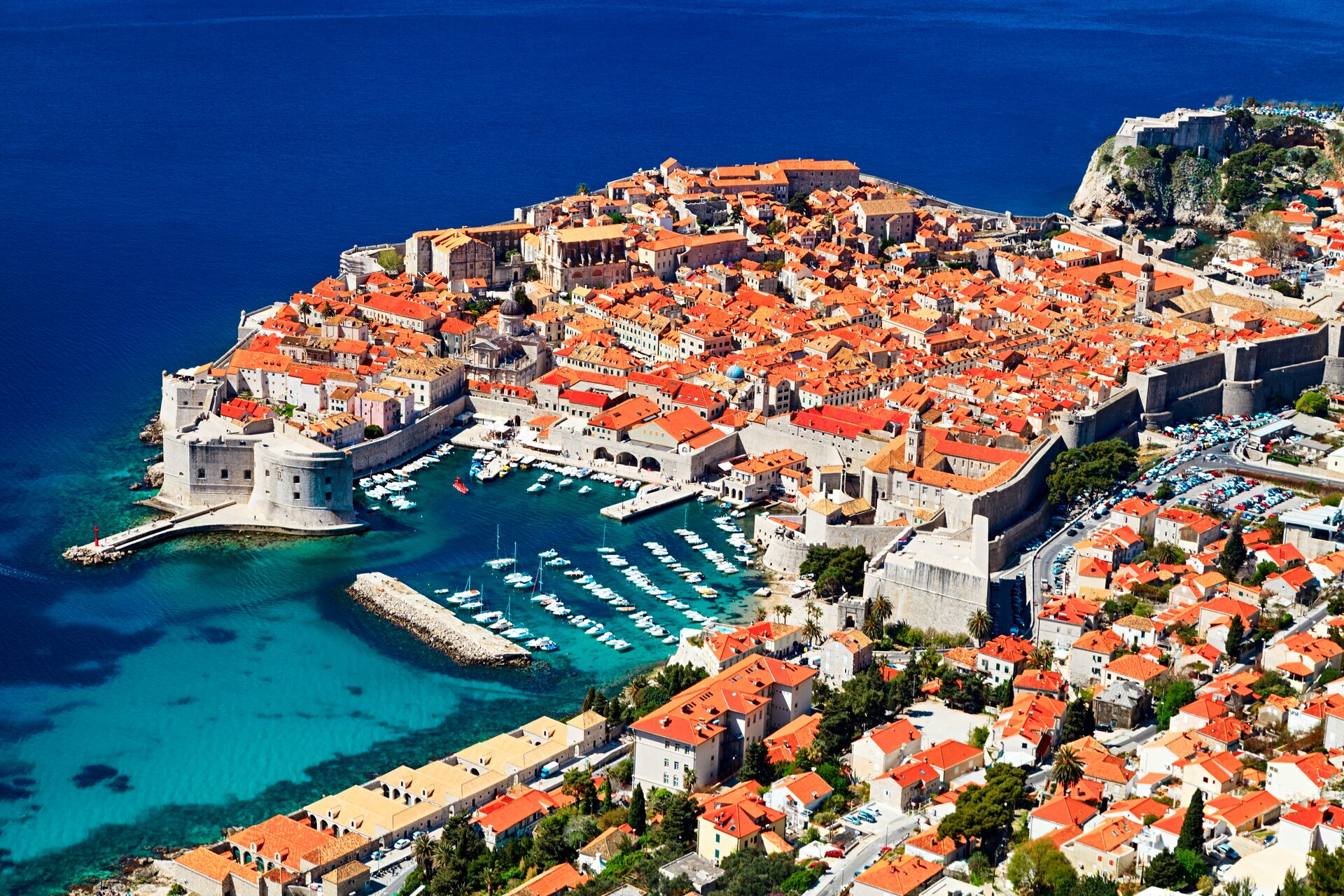 Aerial view of Old Town Dubrovnik in Croatia on a sunny day