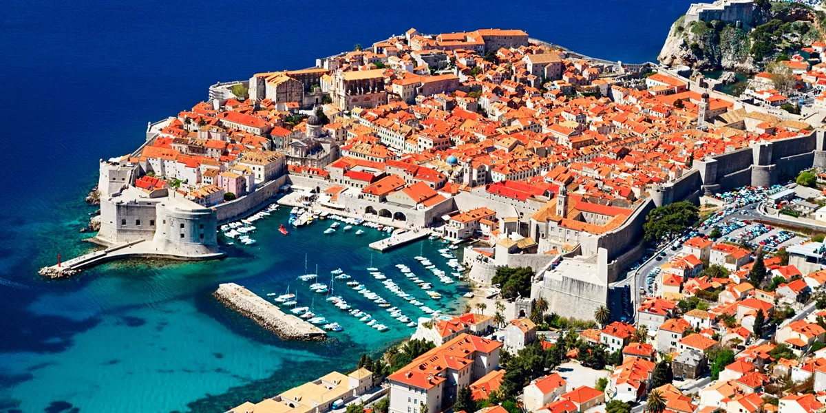 Aerial view of Old Town Dubrovnik in Croatia on a sunny day