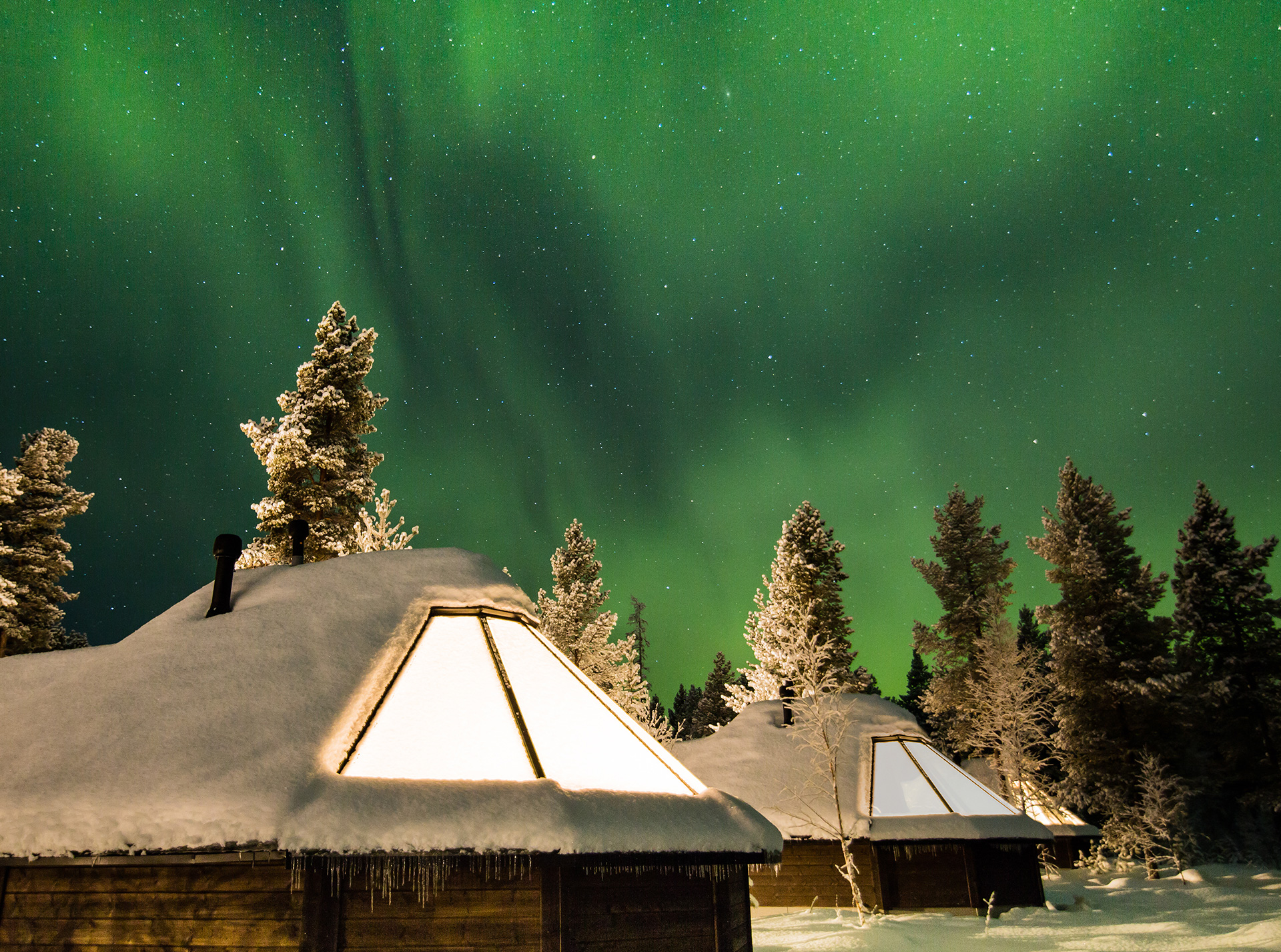 Huts in a forest, illuminated by the Northern Lights