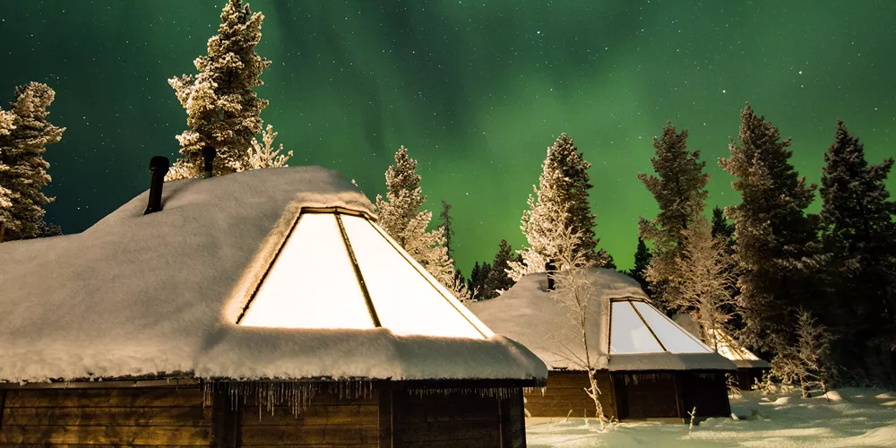 Huts in a forest, illuminated by the Northern Lights