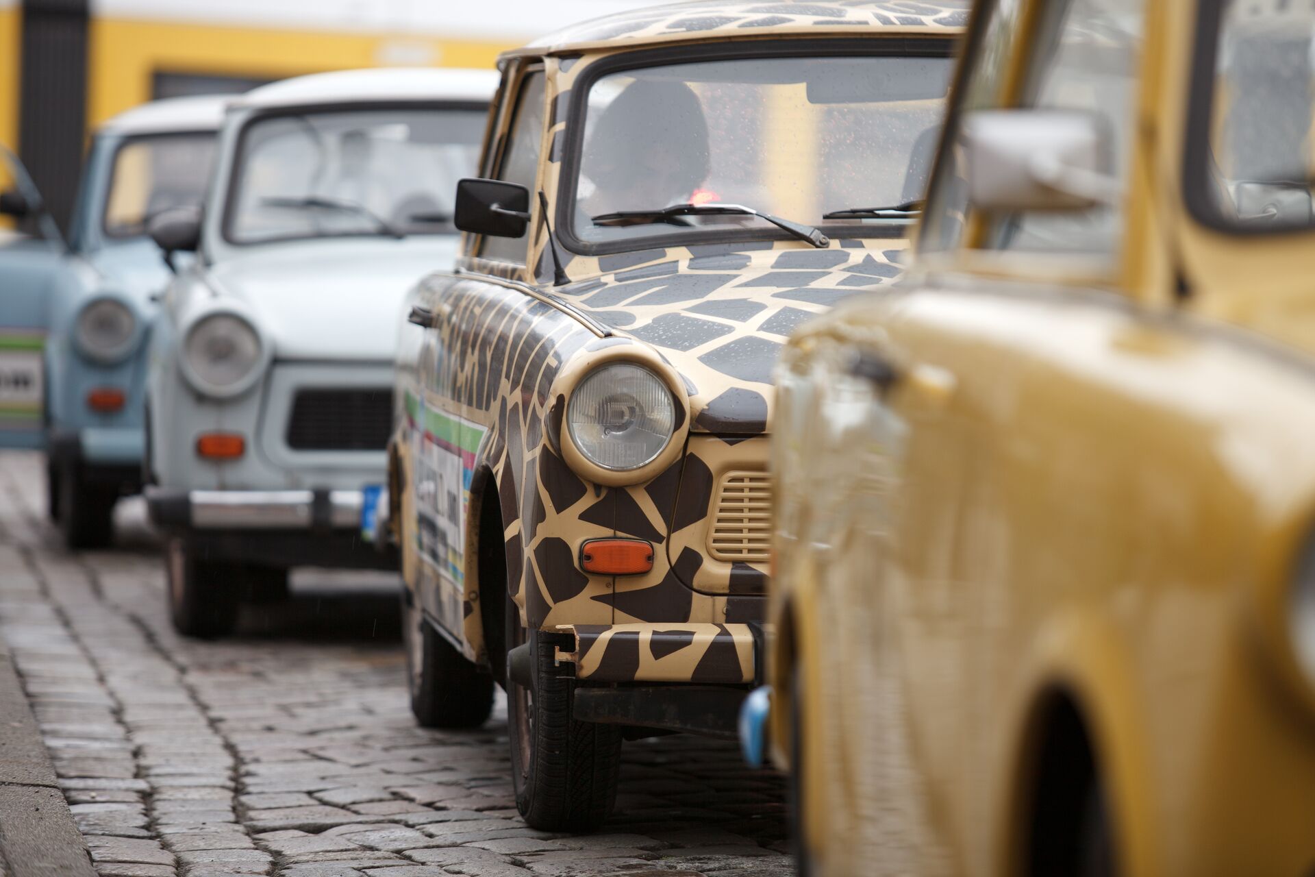 Trabants, an iconic cold war car, lined up in in Berlin, Germany