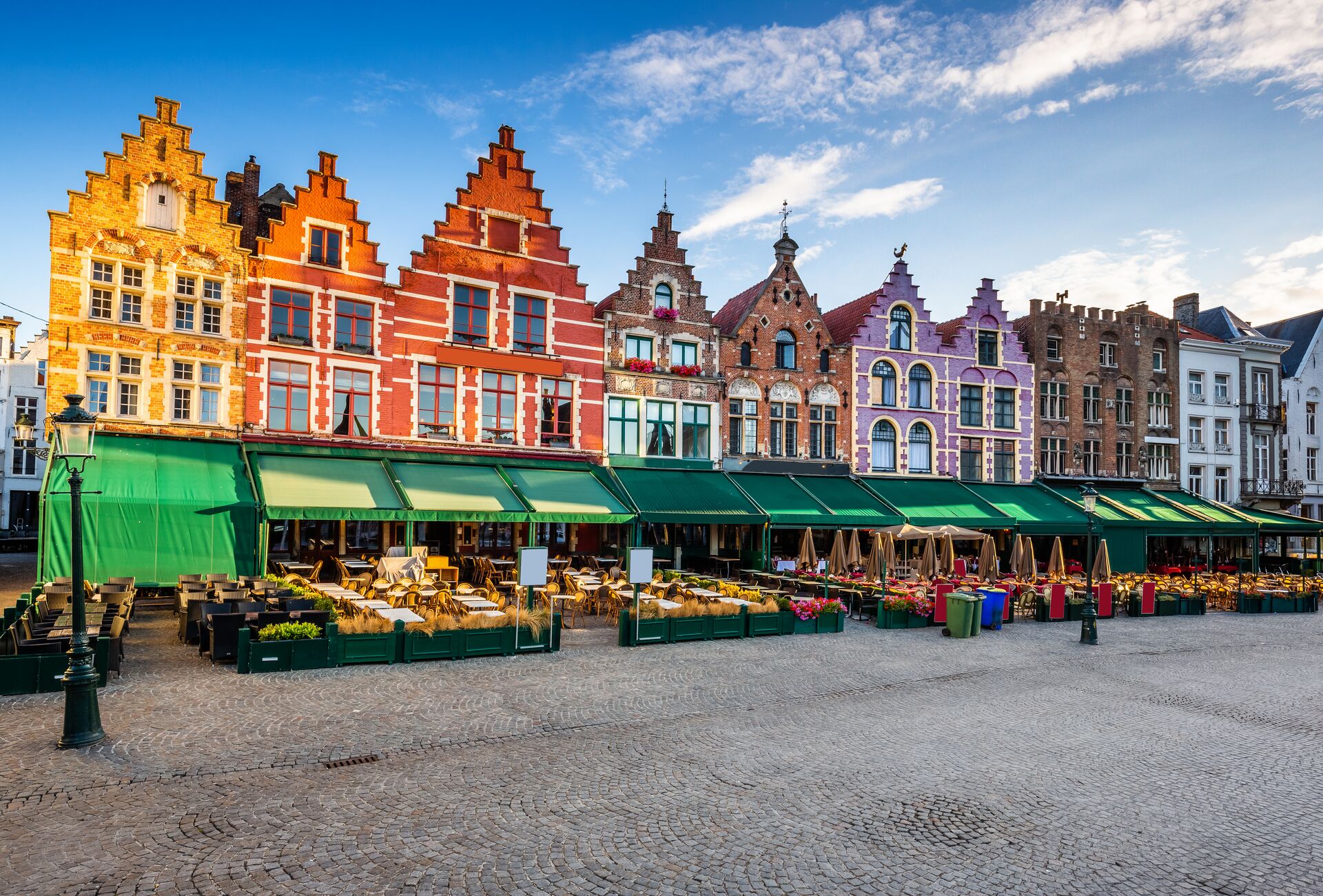Restaurants in the main square of Bruges, Belgium