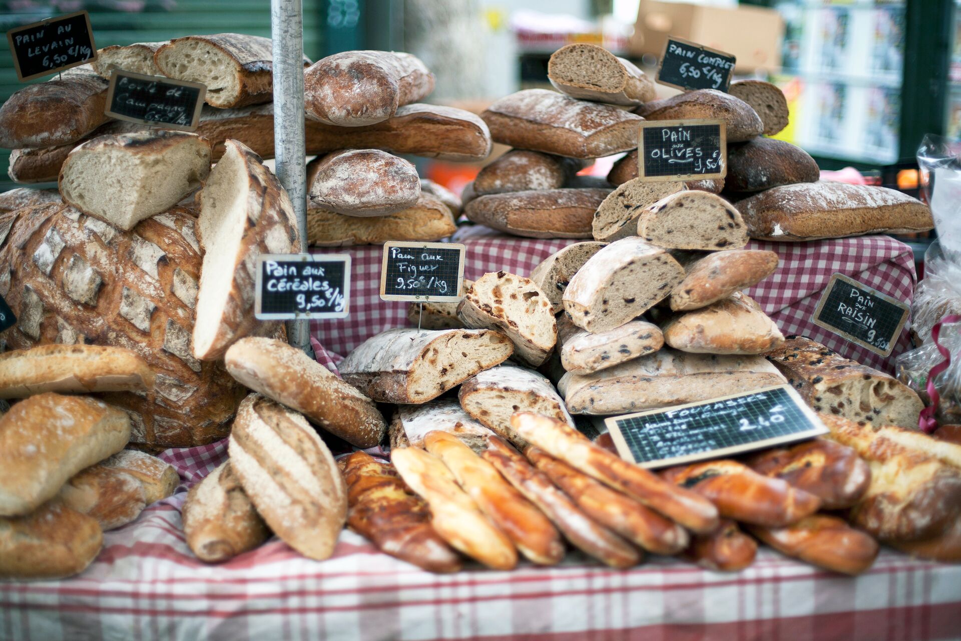French bread on sale in a market in France