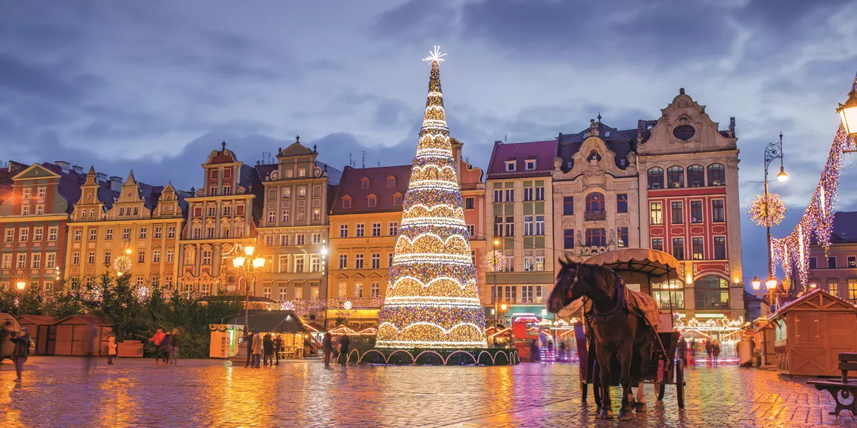 Christmas Market at night in Wroclaw, Poland