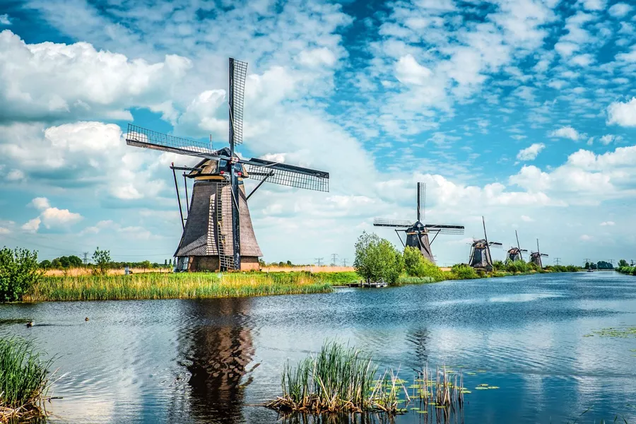 Traditional Dutch windmills next to a lake