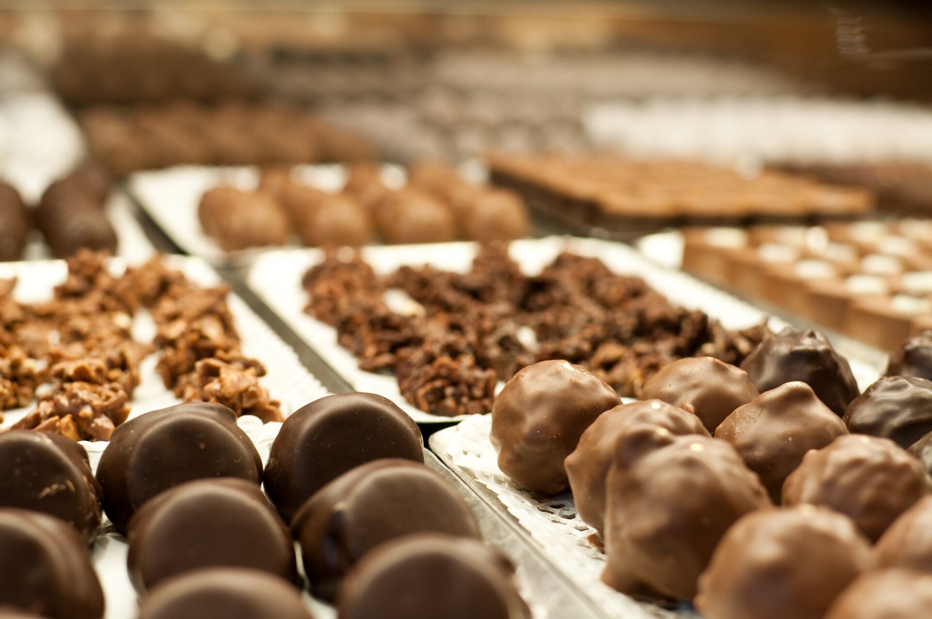 Close up view of rows of chocolate