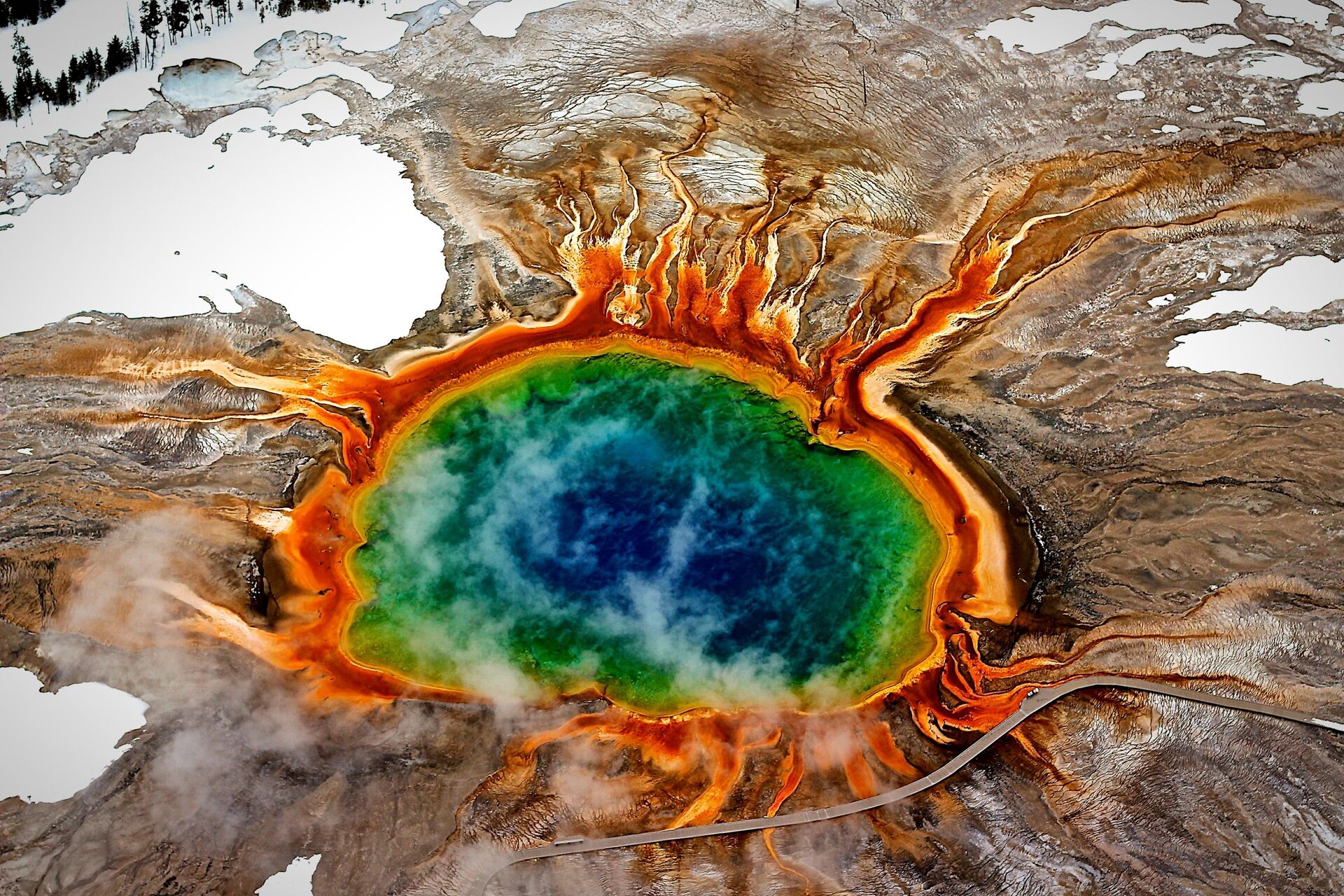 Birds eye view of Grand Prismatic Spring in Yellowstone National Park, California, USA