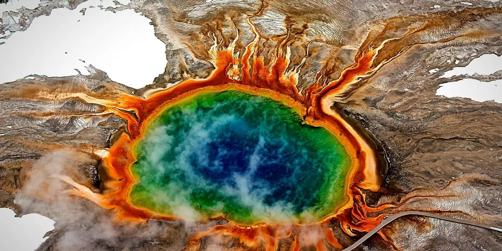 Birds eye view of Grand Prismatic Spring in Yellowstone National Park, California, USA