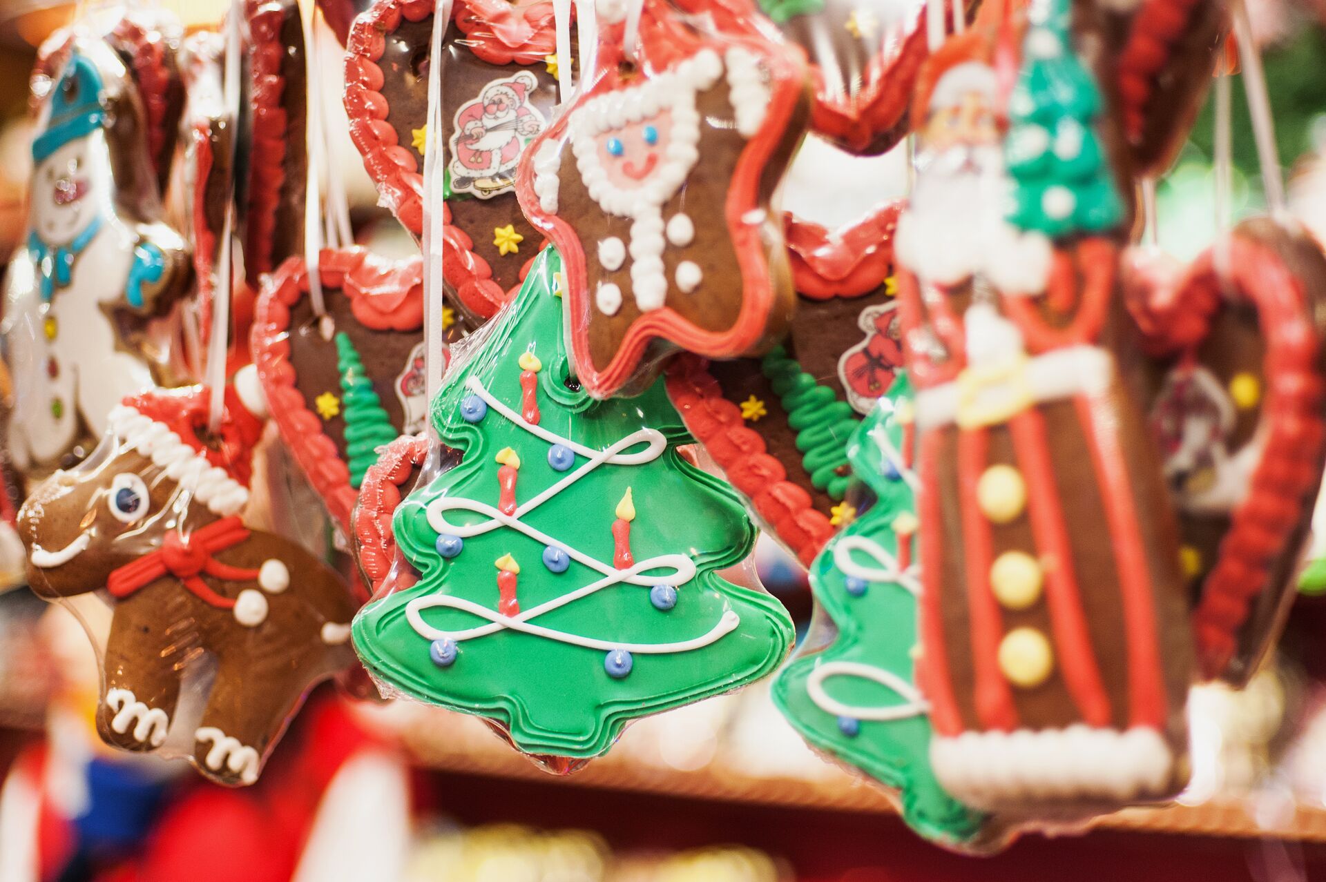 Close up view of gingerbread hanging up in a traditional Christmas Market in Europe