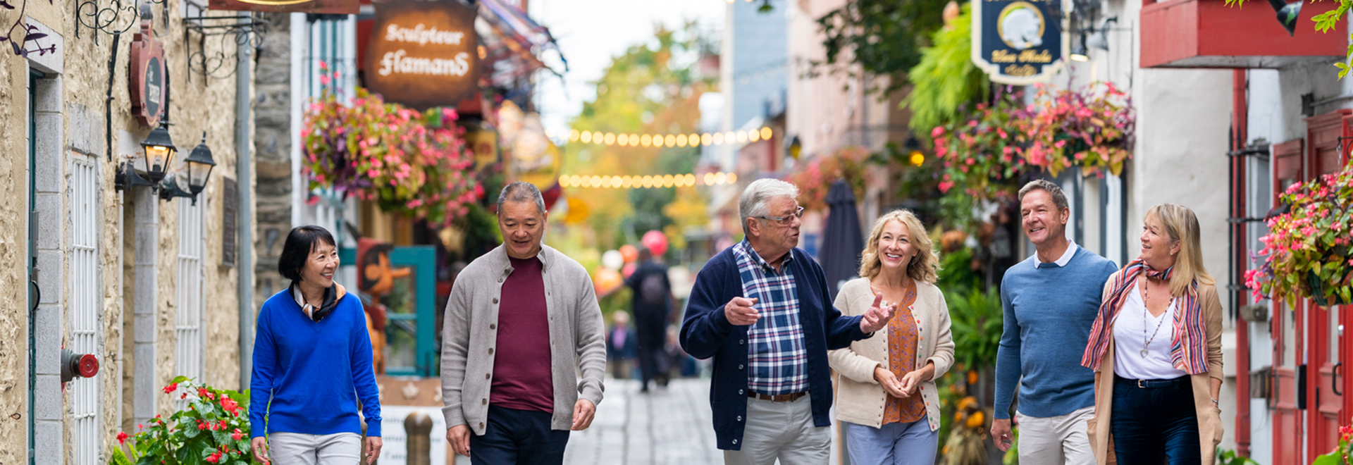 A group of toursits sightseeing a European town,