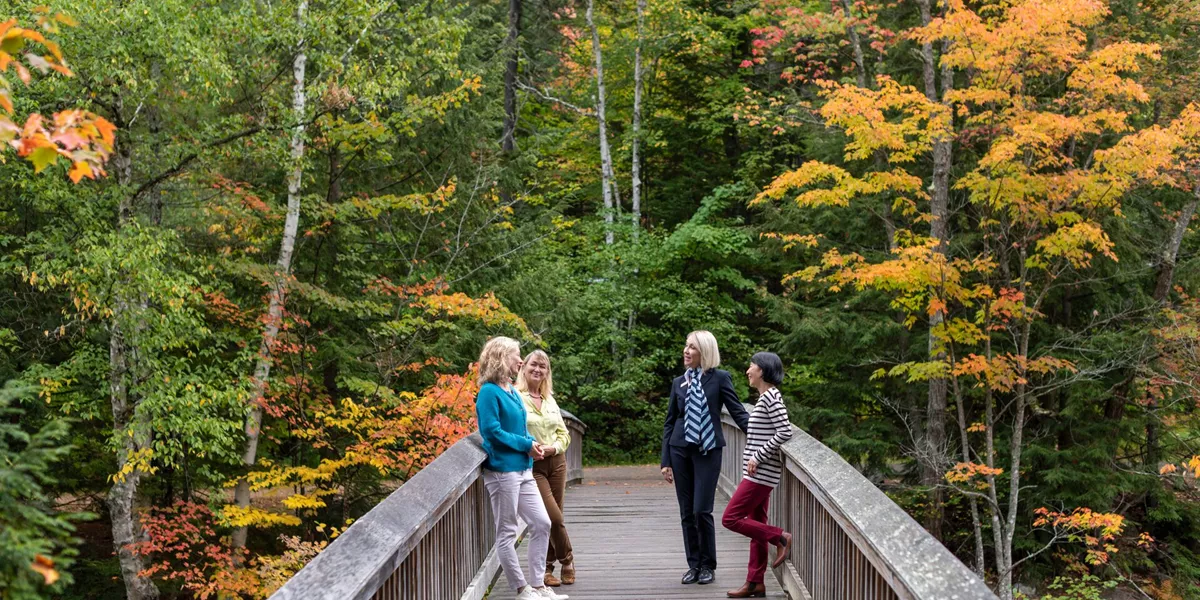 Guests chatting on a bridge in the White Mountain National Forest in New Hampshire, USA