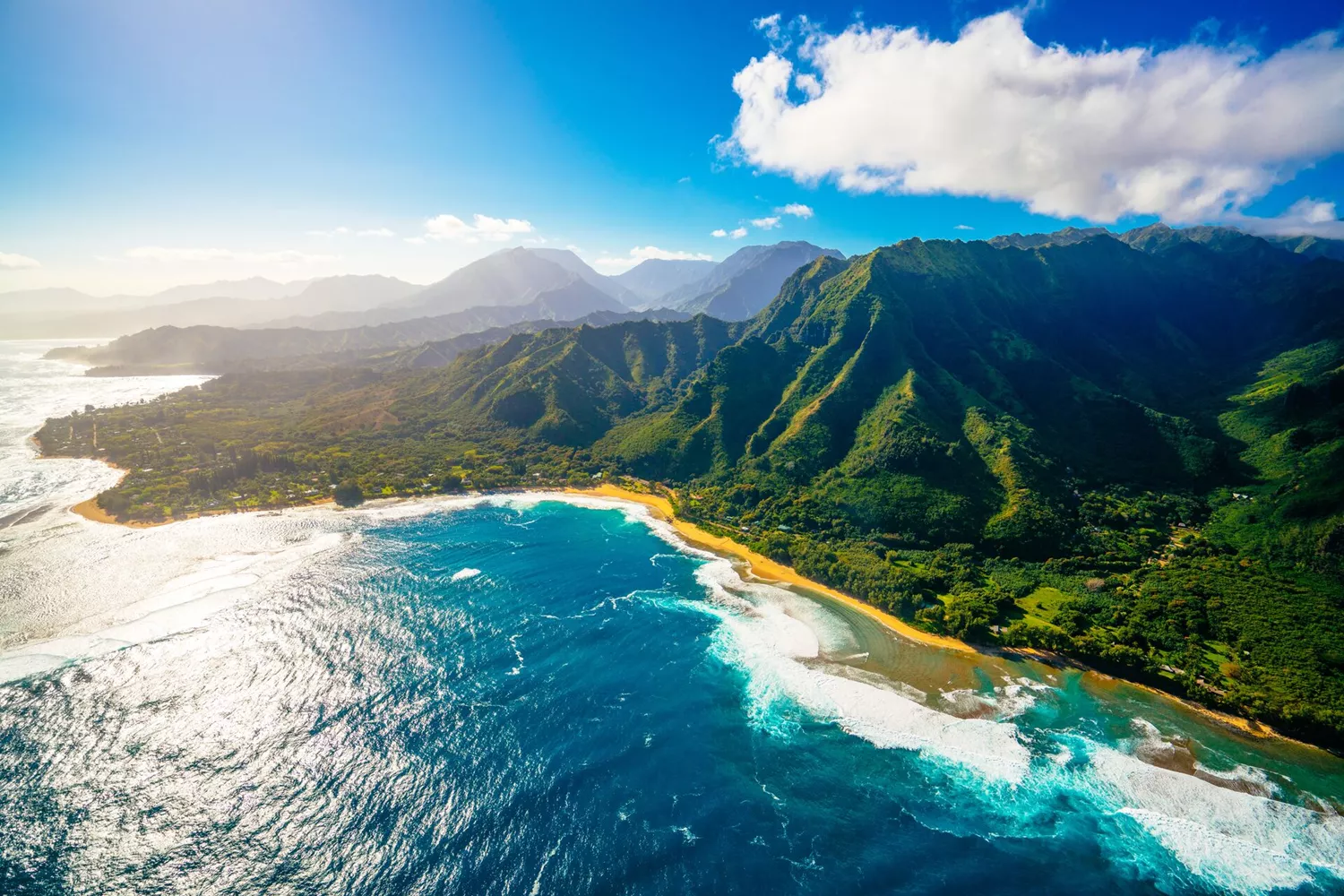 Aerial view of mountains and sea in Hawaii