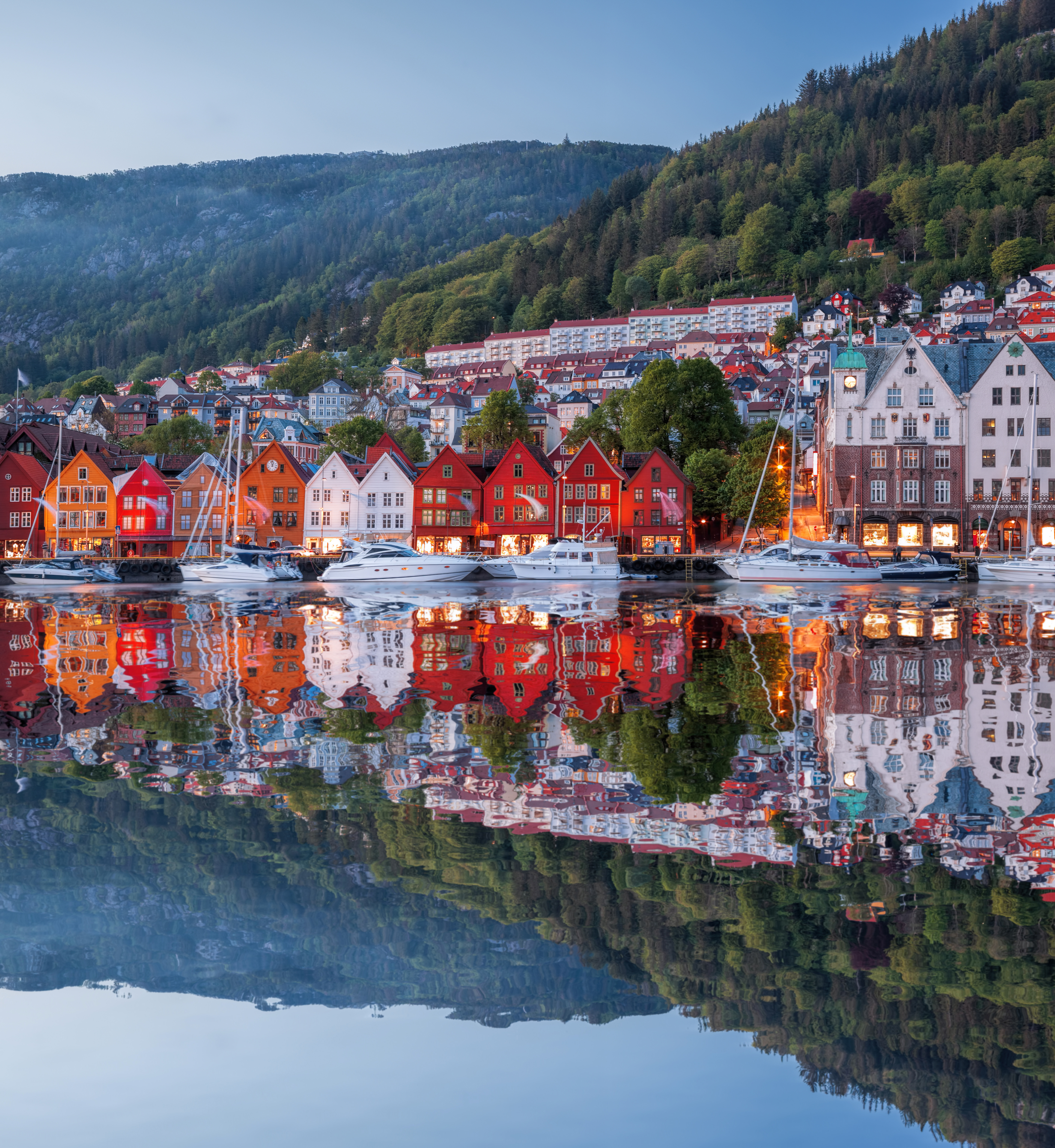 City in mountains, Bryggen, Norway