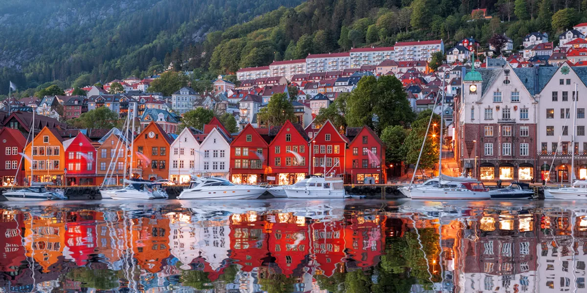 City in mountains, Bryggen, Norway