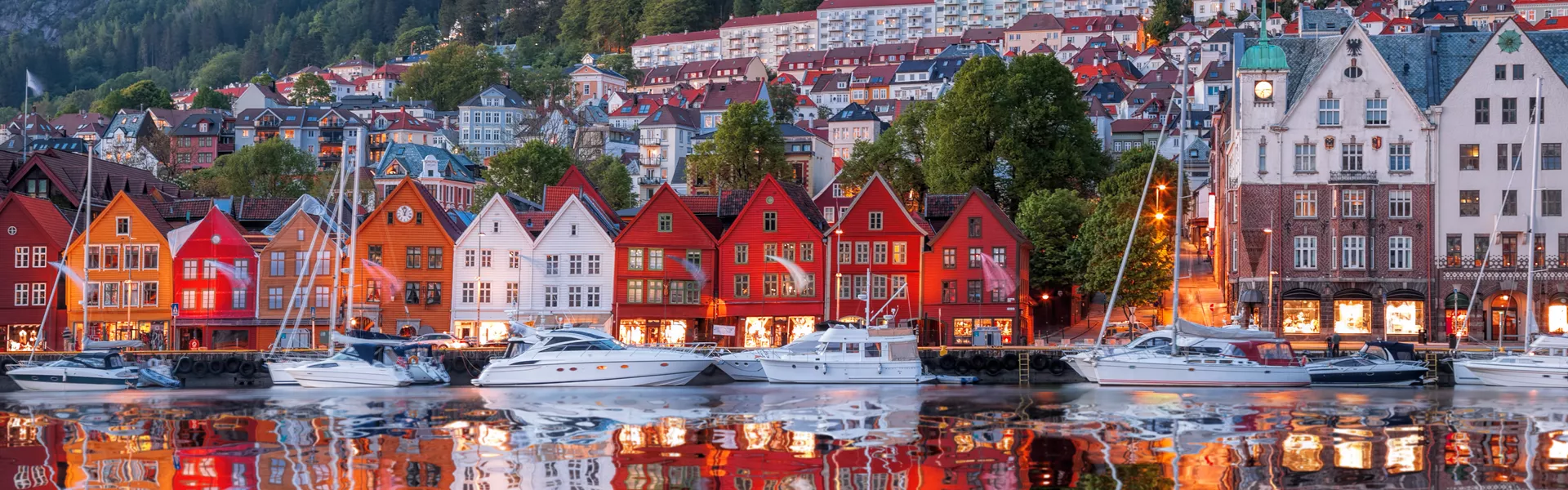 City in mountains, Bryggen, Norway