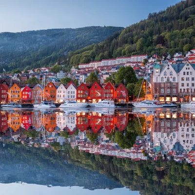 City in mountains, Bryggen, Norway