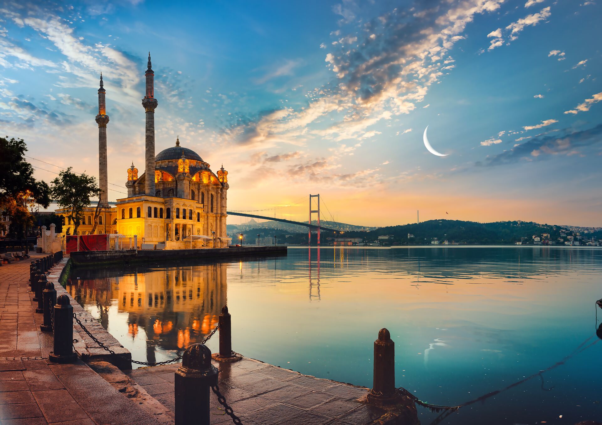 Mosque and Bosphorus Bridge at sunset in Istanbul, Turkey