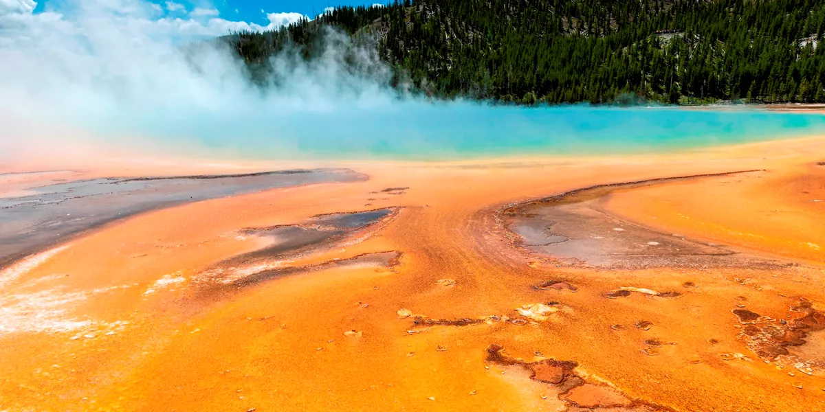 Close up shot of a grand prismatic spring in Yellowstone National Park, USA