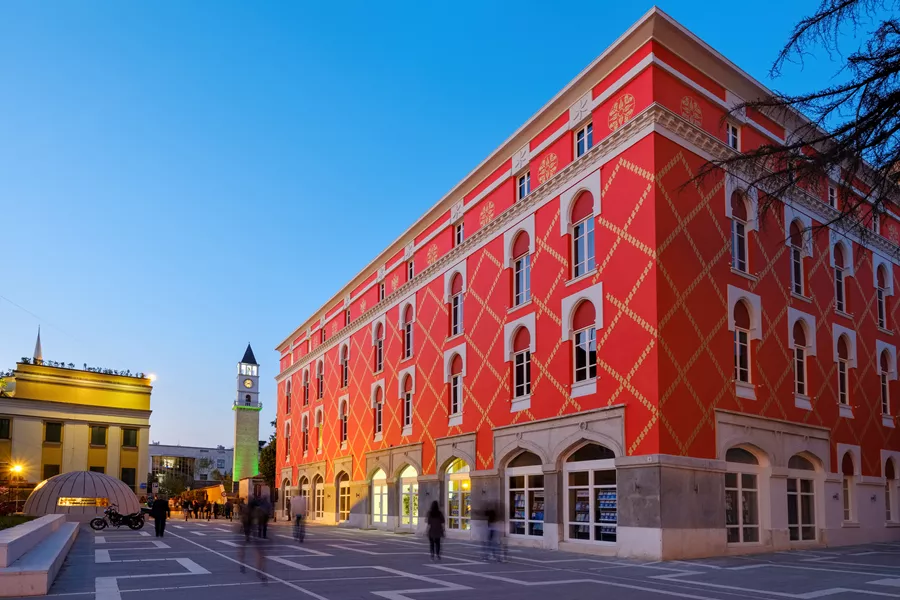 Albania, Tirana, Clock Tower And Minstry Of Urban Development, Blue Hour 995501198