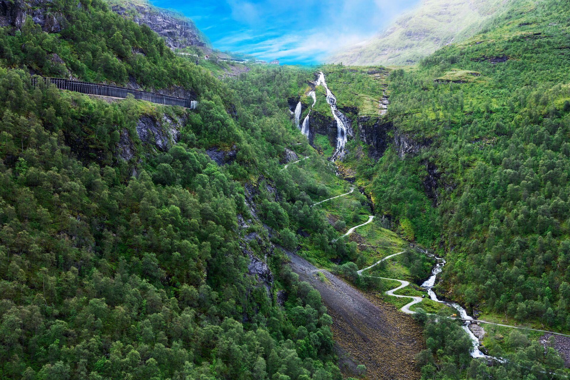 Road and Waterfalls in the famous Flam Valley in Norway, Scandinavia