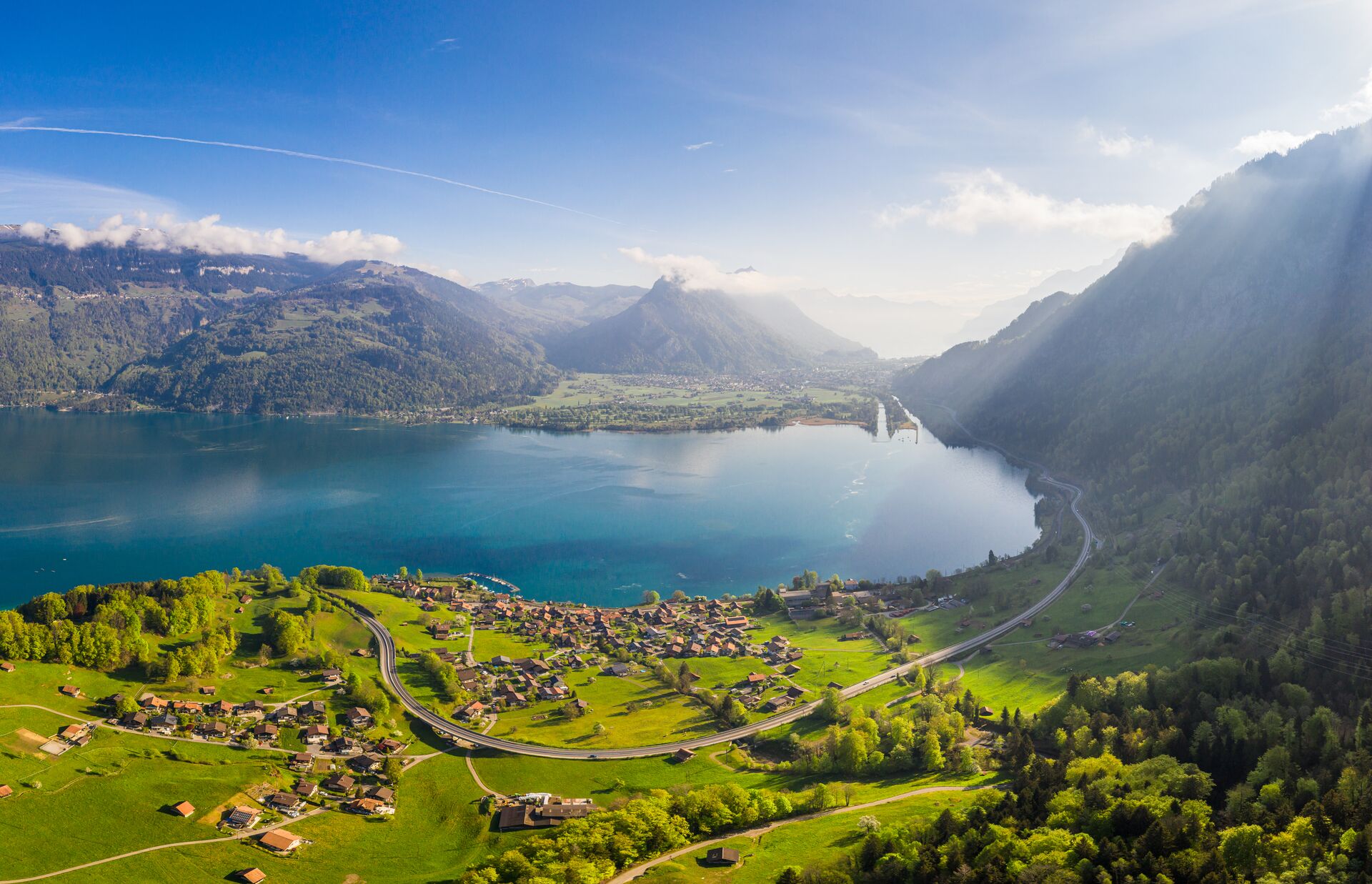 Stunning view of the Lake Thun in the Berner Oberland on a early morning in Switzerland