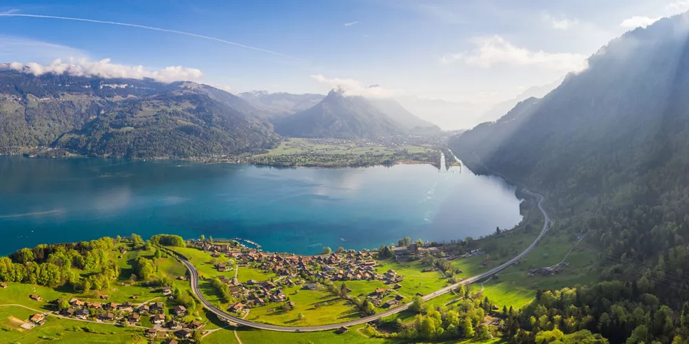 Stunning view of the Lake Thun in the Berner Oberland on a early morning in Switzerland