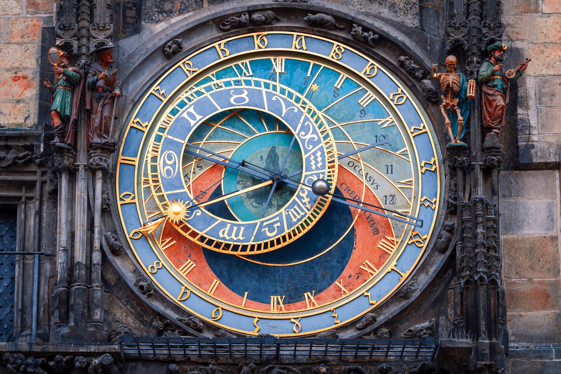Close up look at the astronomical clock in Prague, Czech Republic