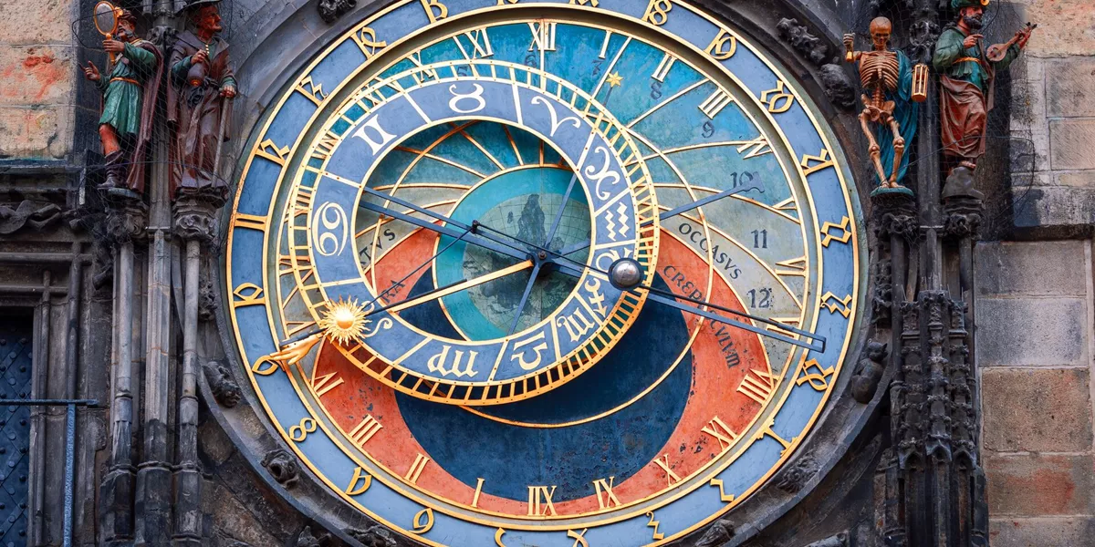 Close up look at the astronomical clock in Prague, Czech Republic