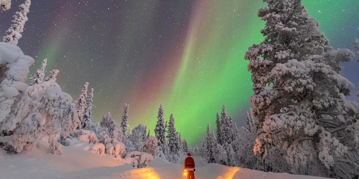 Santa looking up at the Northern Lights in the Finnish forest