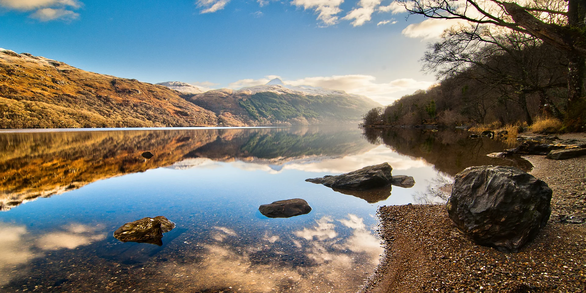 A panoramic view of Loch Lomond in Scotland, UK