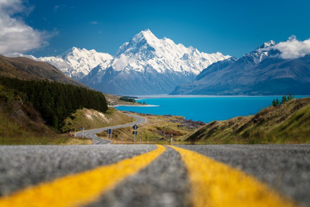 A winding road leads to Mount Cook in New Zealand